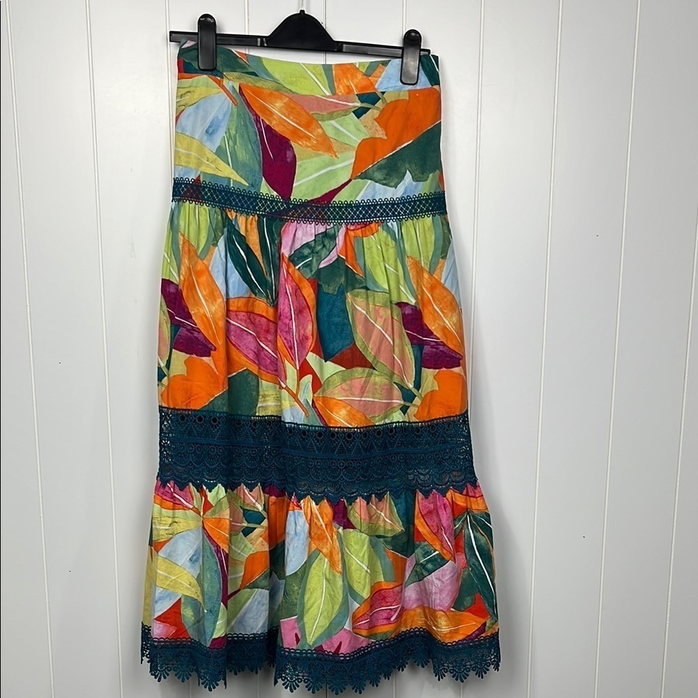 Time & True Womens Skirt S Orange Green Tropical Crochet Tiers Lined Bold Bright